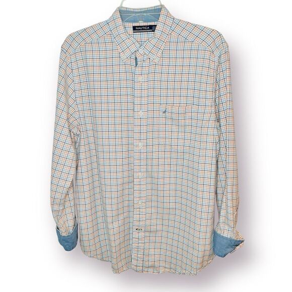 Nautica Men’s Casual Long Sleeve Plaid Button Down Shirt White Orange Blue M - Picture 2 of 10